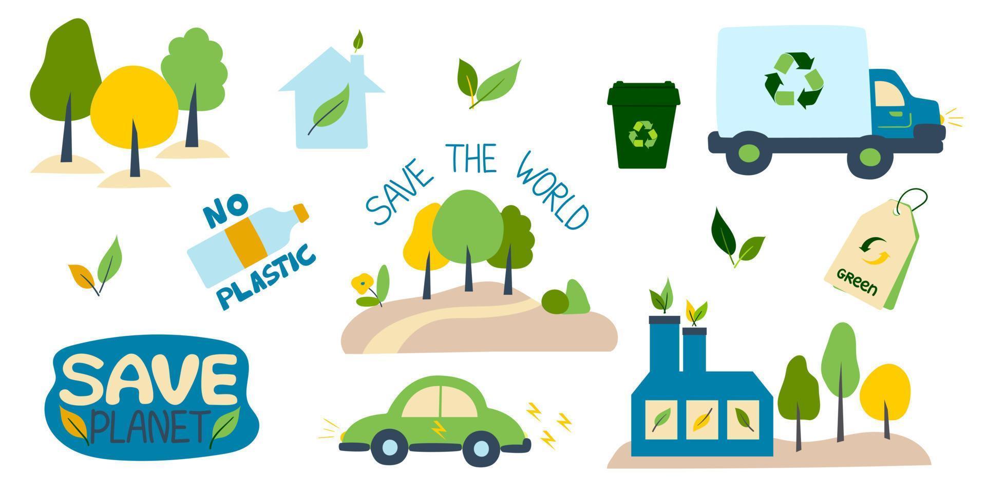 Collection of environmental illustrations with slogans-zero waste, waste recycling, ecology, save the planet, save the world. Set of decorative design elements on a Flat style, vector illustration.