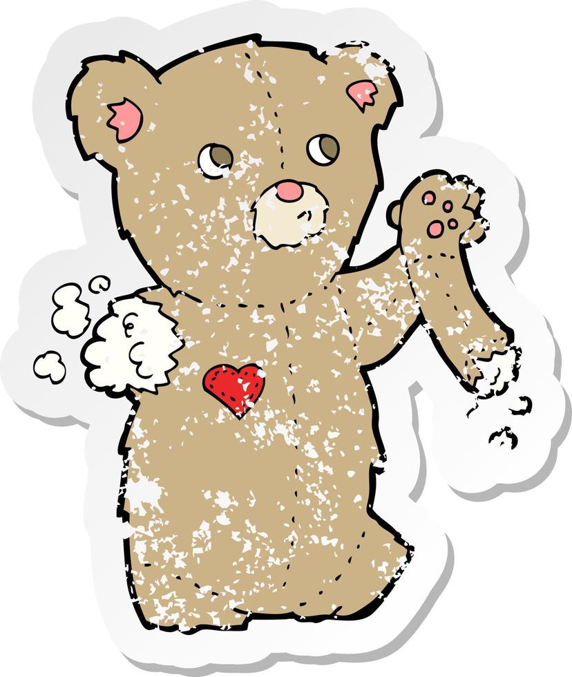 retro distressed sticker of a cartoon teddy bear with torn arm vector