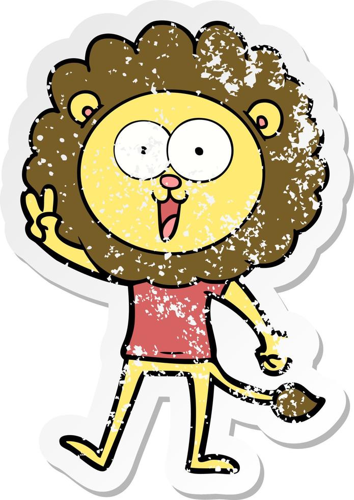 distressed sticker of a happy cartoon lion vector