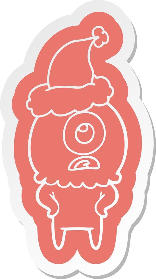 cartoon  sticker of a cyclops alien spaceman wearing santa hat vector