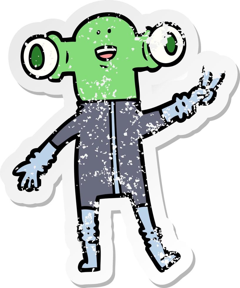 distressed sticker of a friendly cartoon alien giving peace sign vector