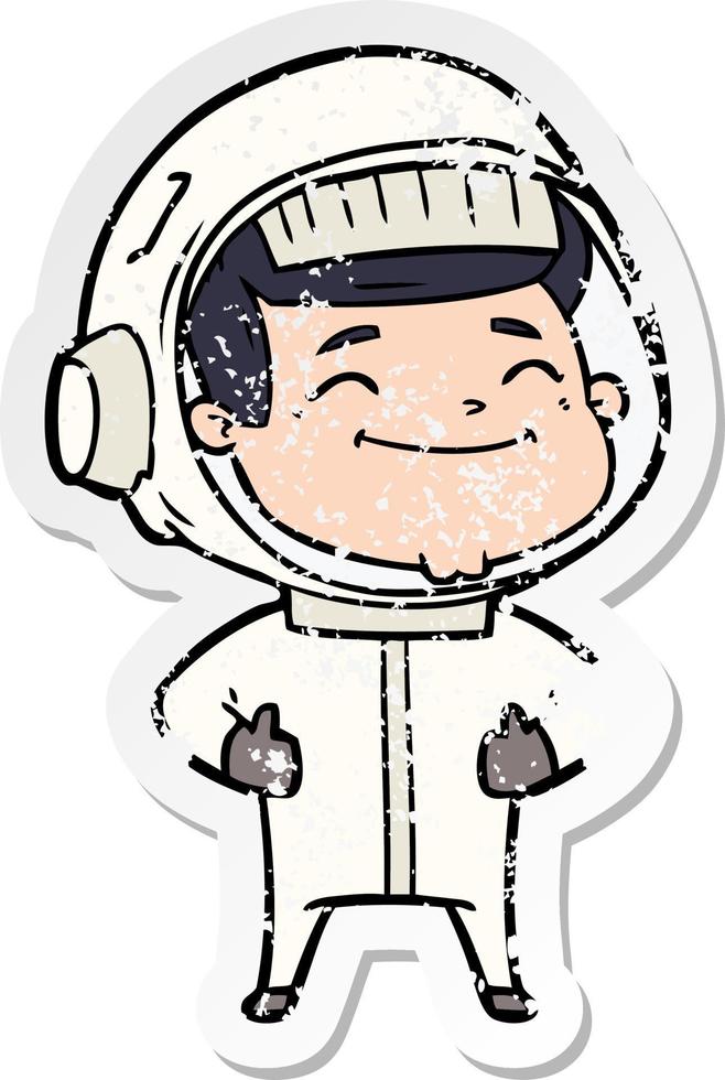 distressed sticker of a happy cartoon astronaut vector