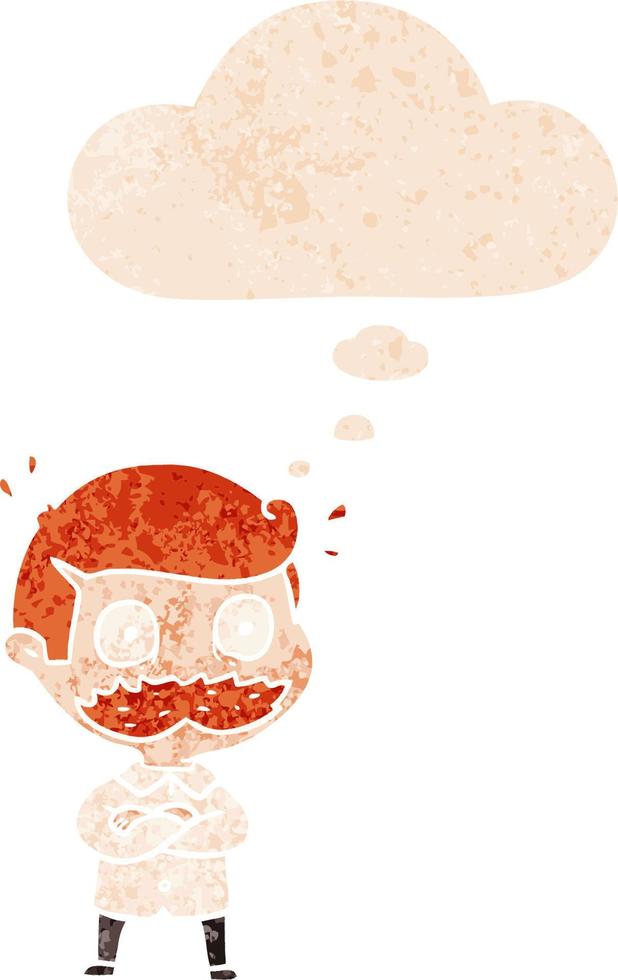 cartoon man with mustache shocked and thought bubble in retro textured style vector