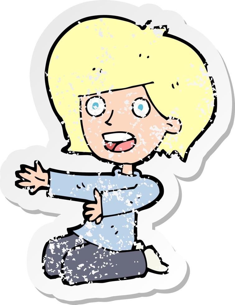 retro distressed sticker of a cartoon shocked woman on knees vector