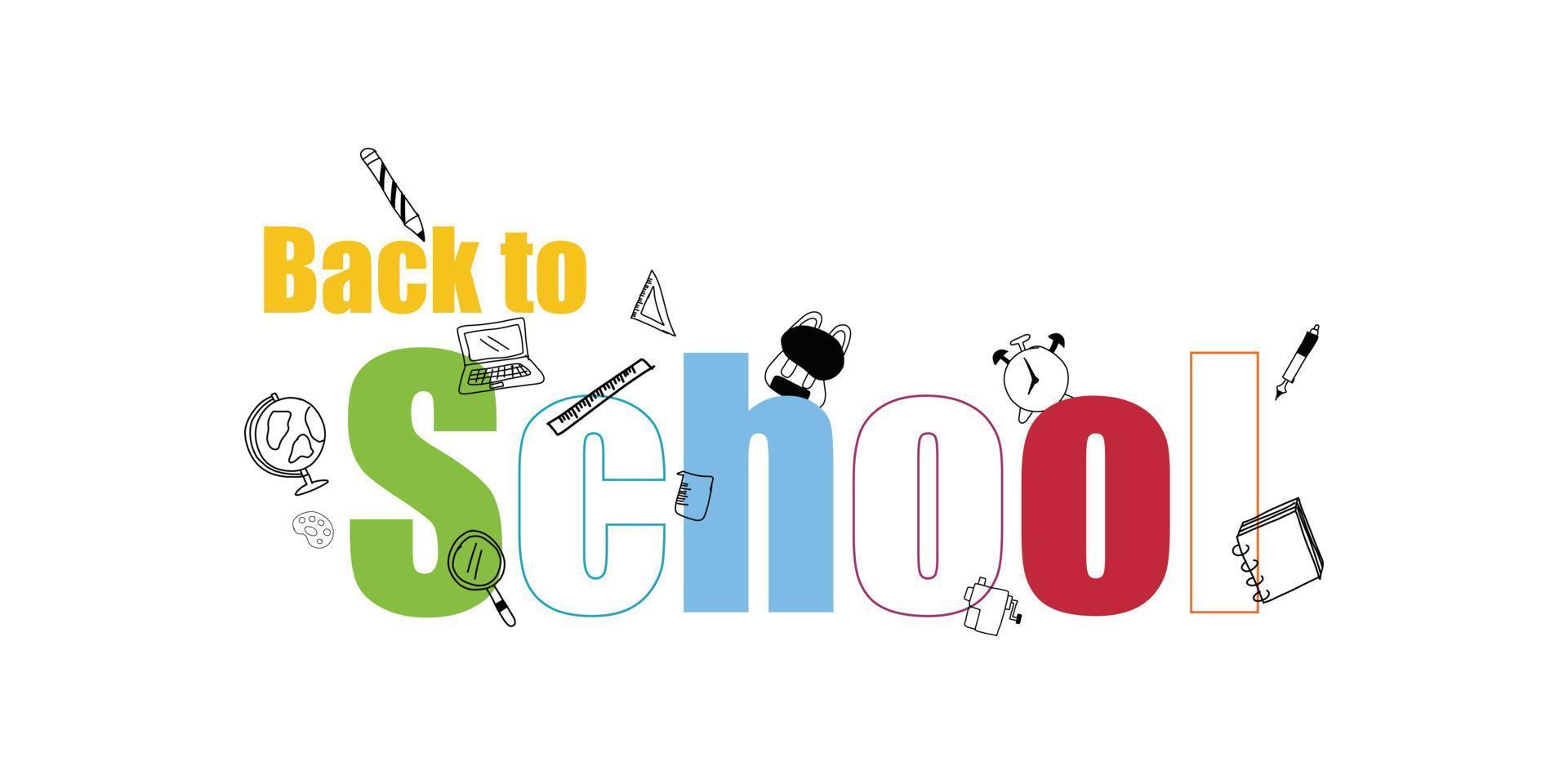 Education concept. The letter of back to school with a doodle book, pen, pencil, ruler, globe, and bag on white background for a backdrop. E-learning and online crouse. vector