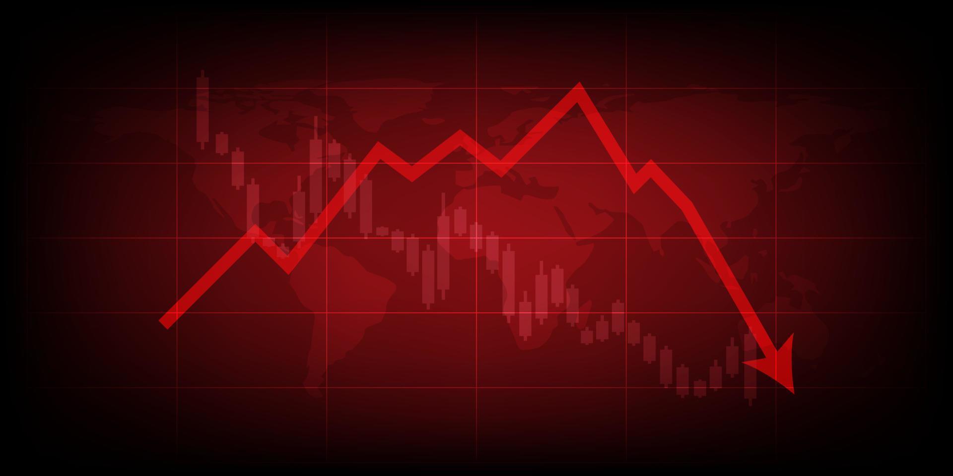 Red arrow graph drop arrow down with world map on red background. Money losing. Stock crisis and finance concept. vector