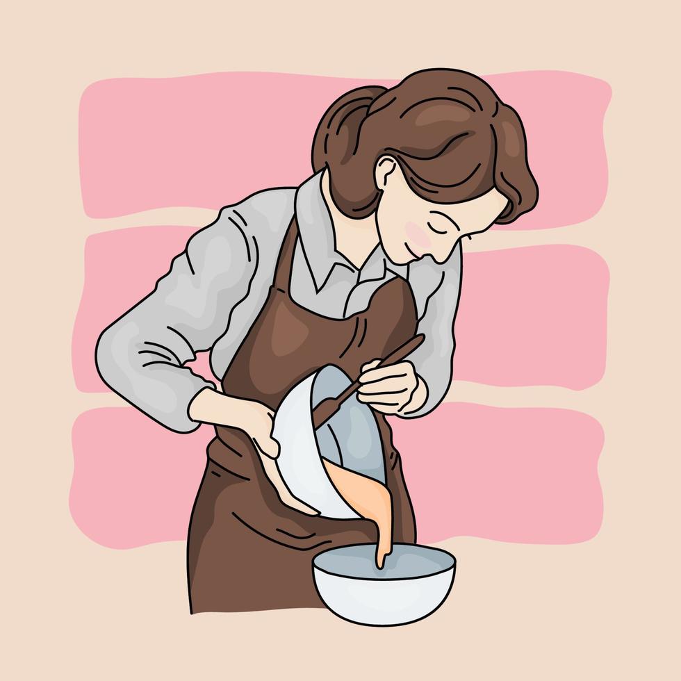 mujer sencilla cocinando y horneando para decorar pasteles de panadería vector