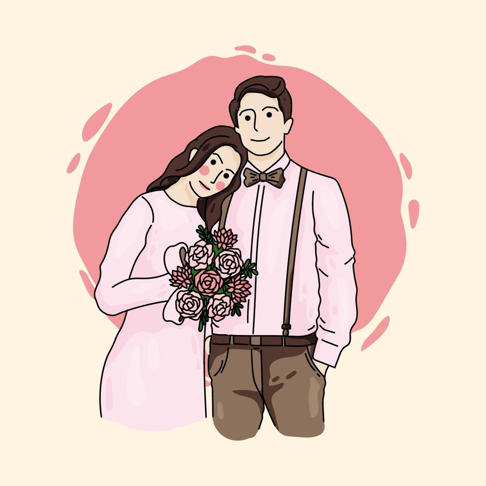 cute simple couple wedding cartoon illustration vector