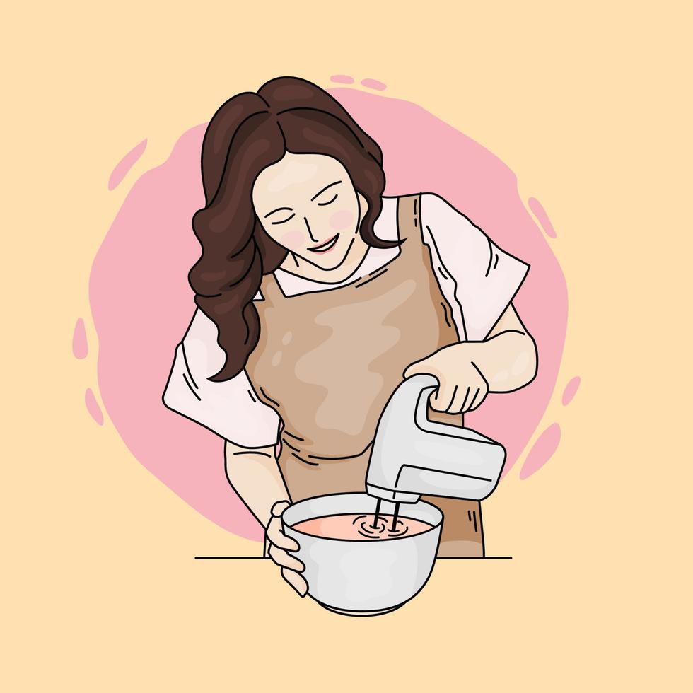 simple woman cooking and bake for decoration bakery cake vector