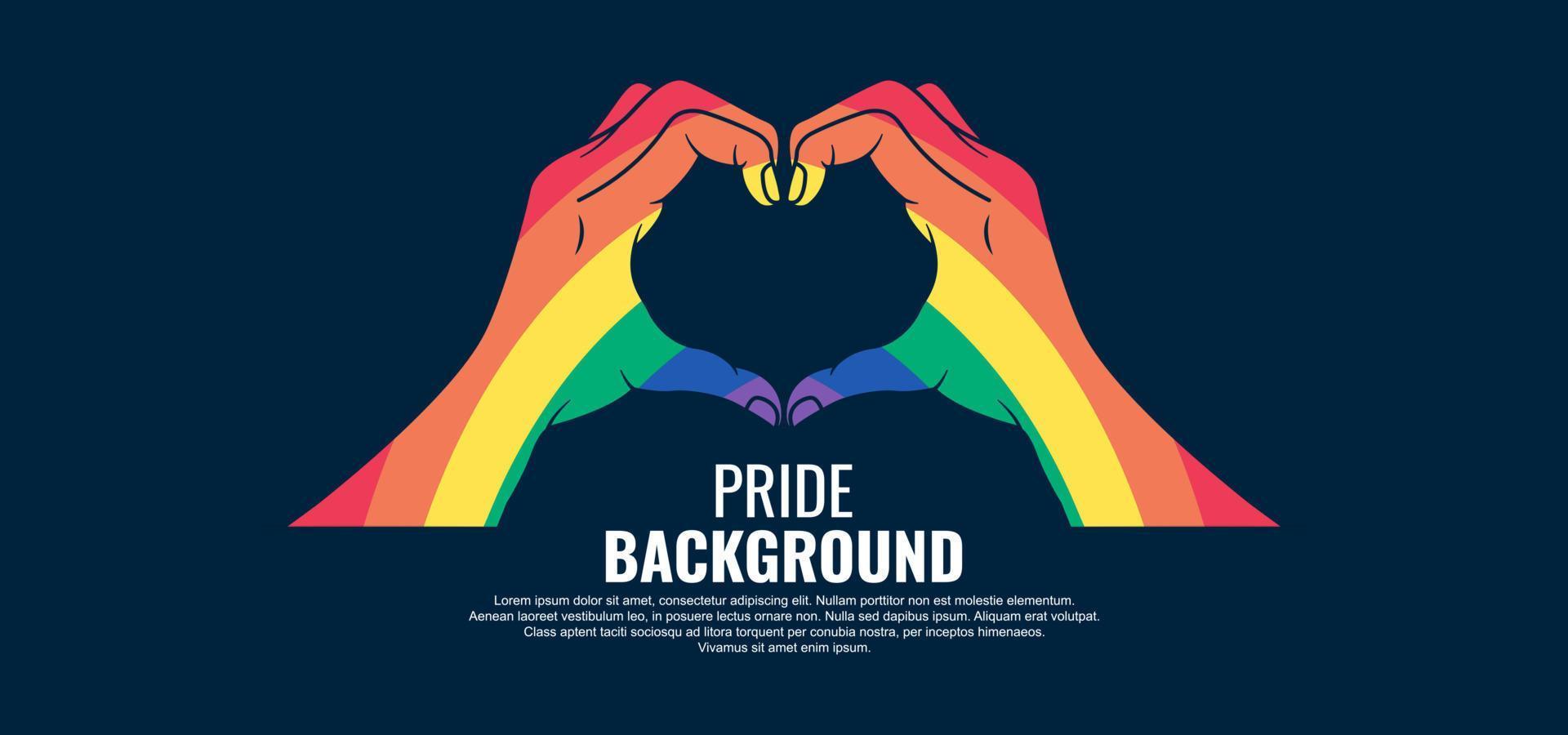LGBT pride abstract background. Vector background with heart shaped hand symbol and rainbow colors. Vector Banner Template for Pride Month