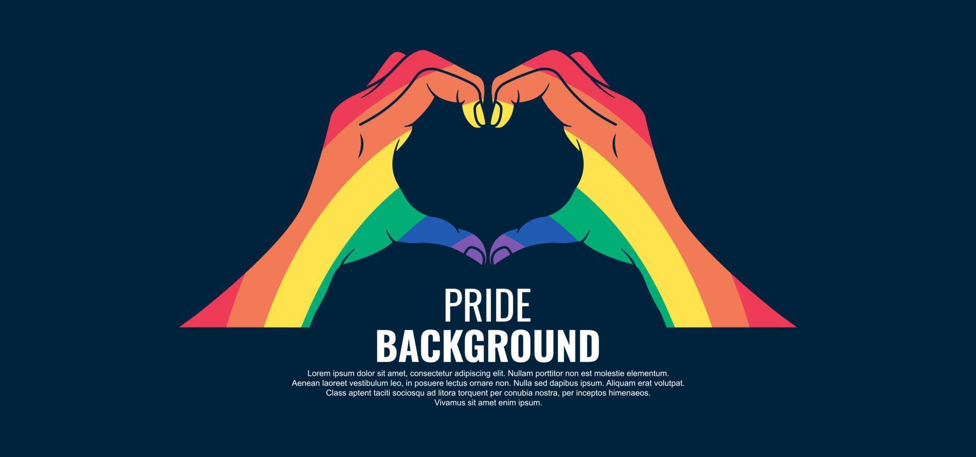 LGBT pride abstract background. Vector background with heart shaped hand symbol and rainbow colors. Vector Banner Template for Pride Month