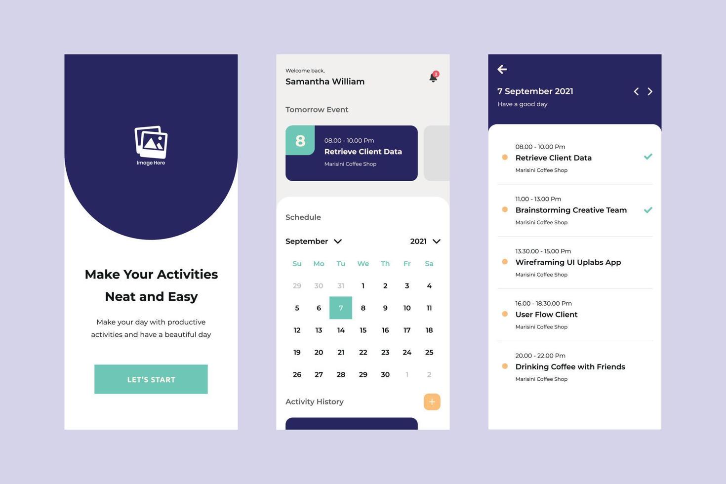 Clean task schedule ui design template vector. Suitable designing application for android and IOS. Activity app mobile vector