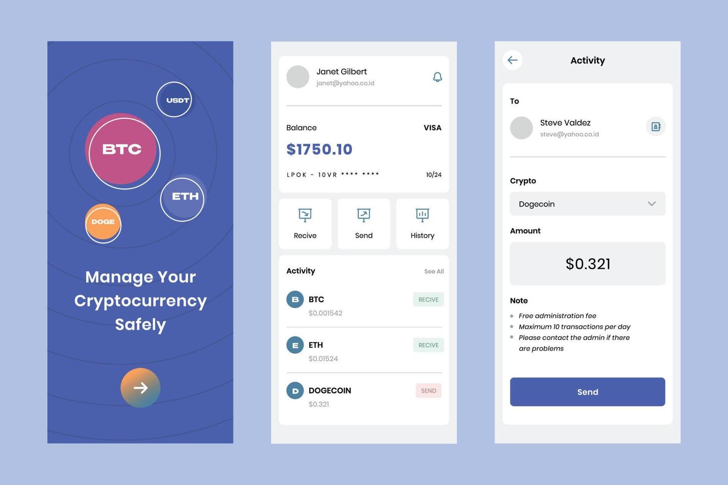 vector de plantilla de diseño de interfaz de usuario de criptomoneda. Aplicación de diseño adecuada para Android e iOS. aplicación móvil de estilo limpio