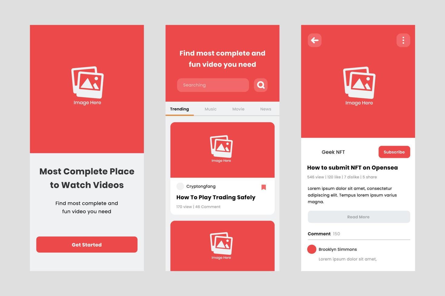 Watch video online ui design template vector. Suitable designing application for android and IOS. Clean style app mobile vector