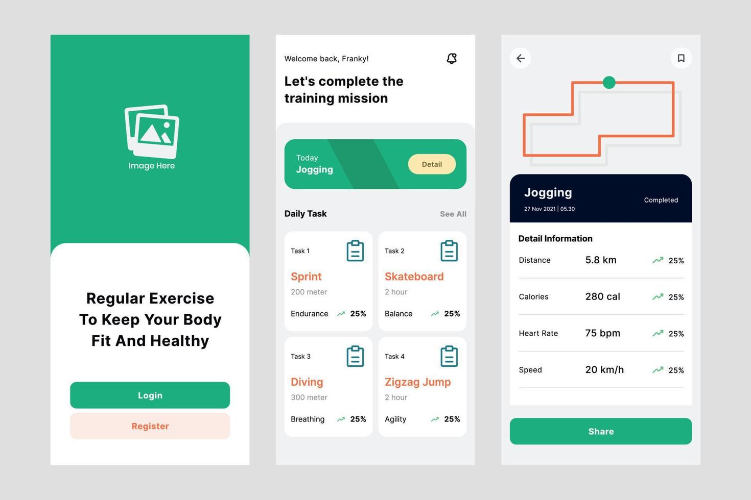 Regular exercise ui design template vector. Suitable designing application for android and IOS. Clean style app mobile vector