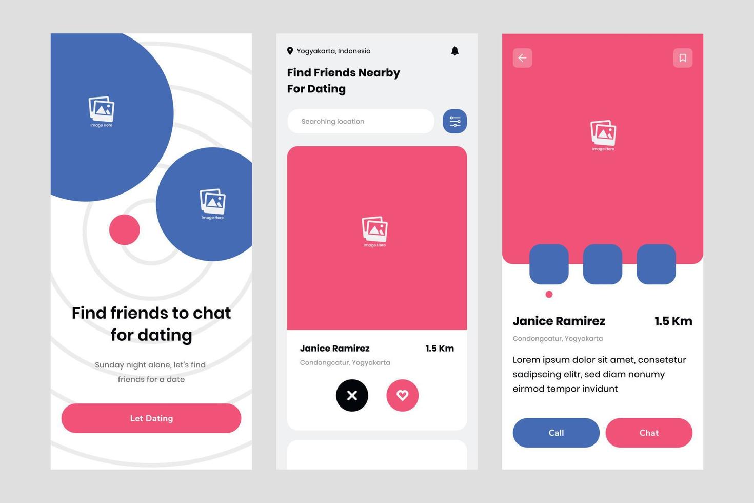 Dating chat ui design template vector. Suitable designing application for android and IOS. Clean style app mobile vector