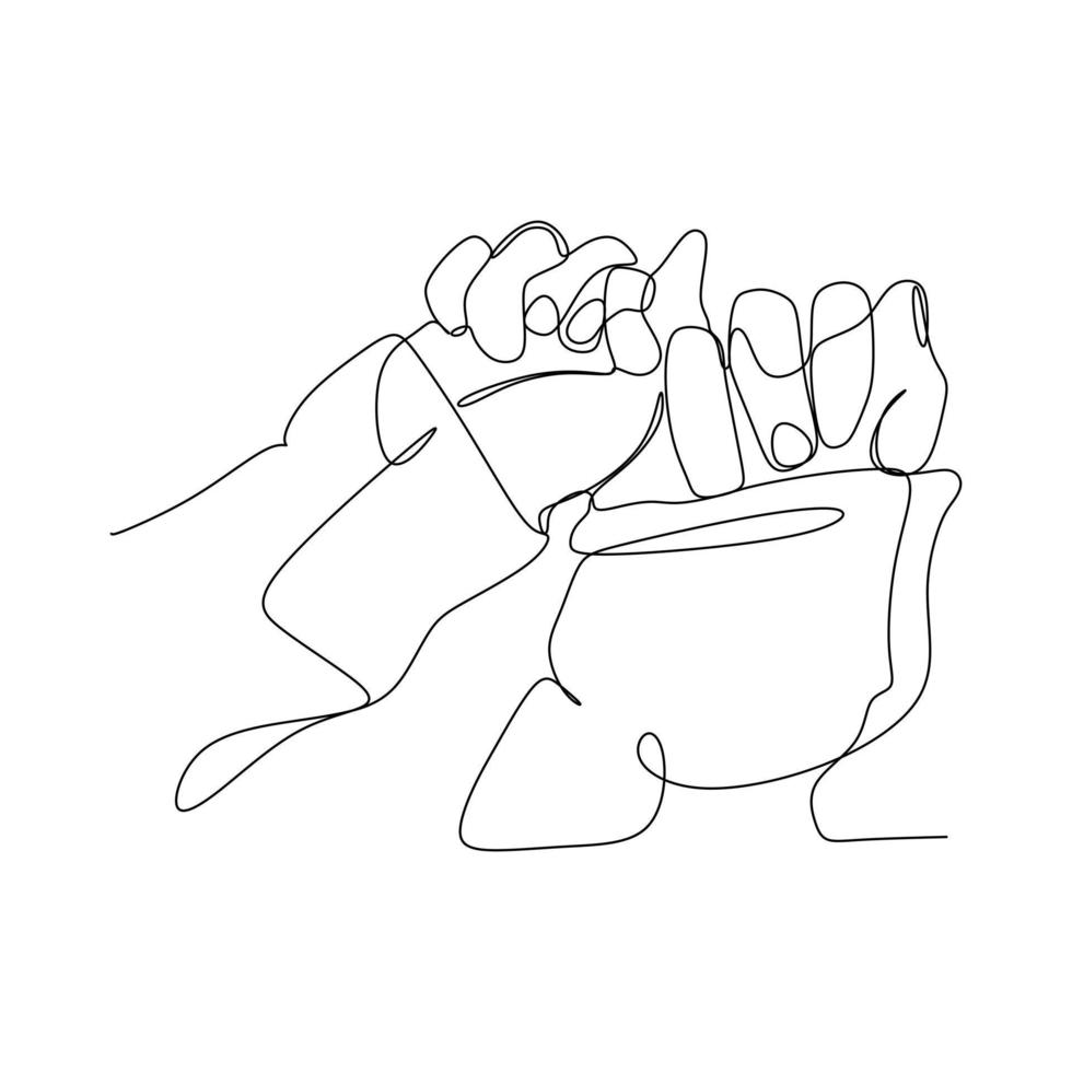 Continuous drawing of hands hold on the little Pinky finger. Simple one line draw doodle for world campaign concept. Isolated vector illustration design on white background