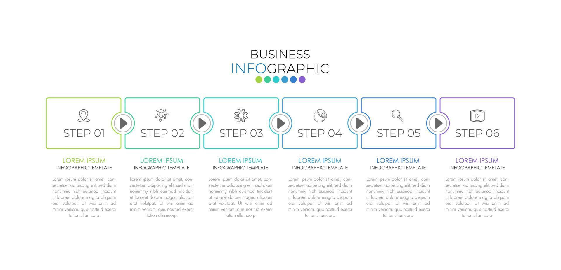 la plantilla de diseño infográfico se puede utilizar para presentación, banner, gráfico, flujo de negocios y diagrama. plantilla de línea de tiempo plana moderna con 6 opciones, partes, paso para el proceso. plantilla abstracta. vector