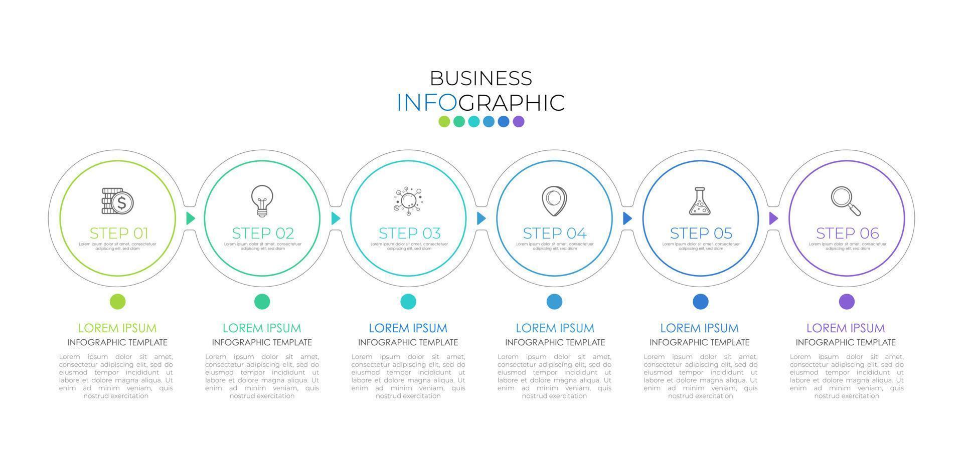 la plantilla de diseño infográfico se puede utilizar para presentación, banner, gráfico, flujo de negocios y diagrama. plantilla de línea de tiempo plana moderna con 6 opciones, partes, paso para el proceso. plantilla abstracta. vector