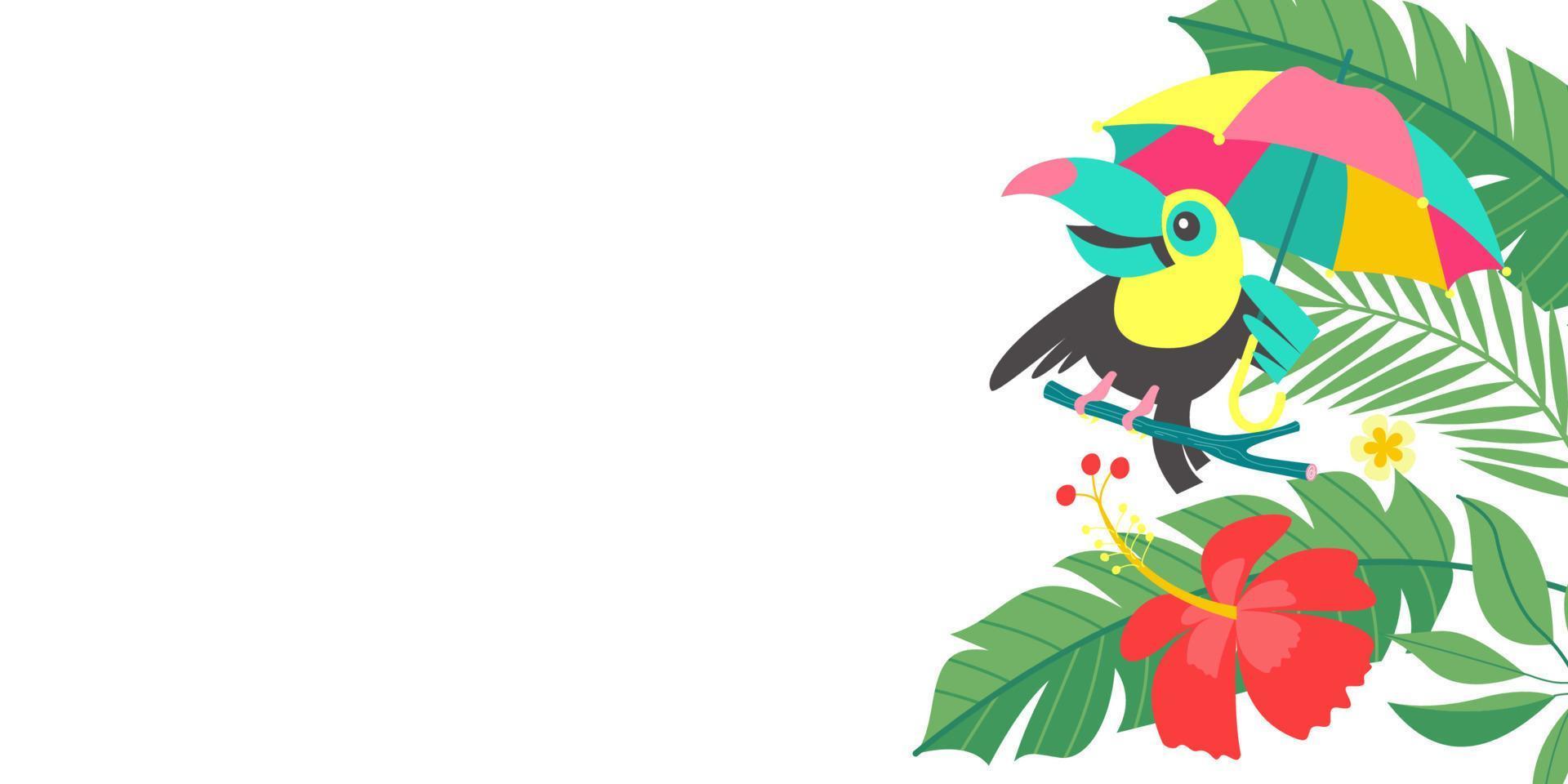 Bright tropical background with a cheerful toucan. Vector illustration.