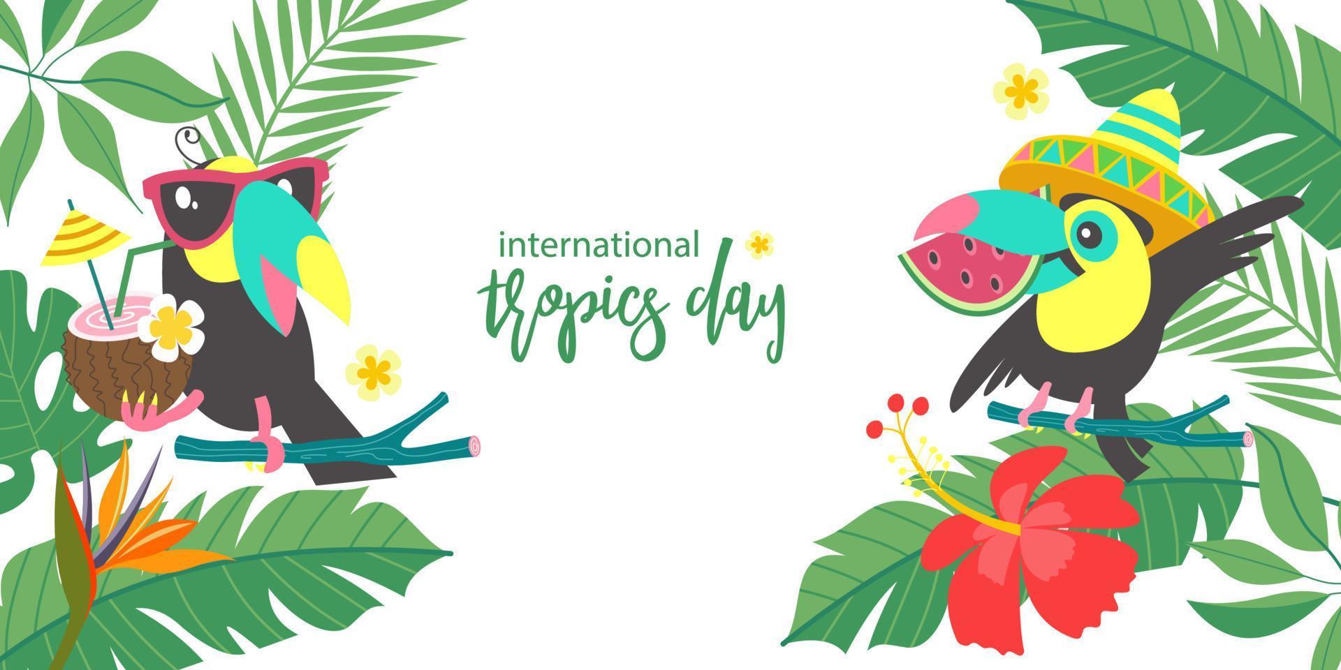 fondo tropical brillante con alegres tucanes. día internacional de los trópicos. ilustración vectorial vector