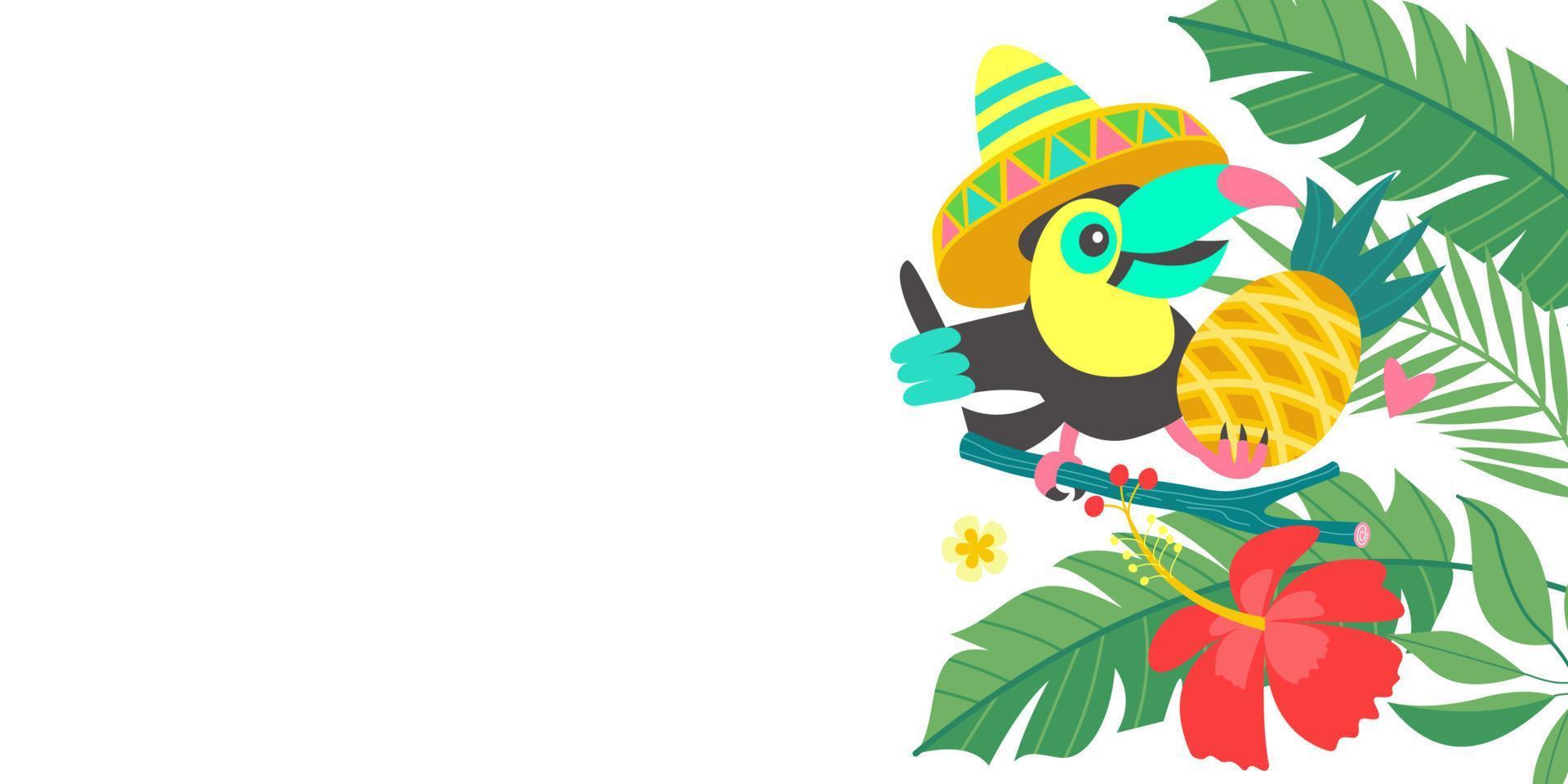 Bright tropical background with a cheerful toucan. Vector illustration.