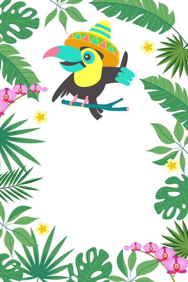 Bright tropical background with a cheerful toucan. Vector illustration.