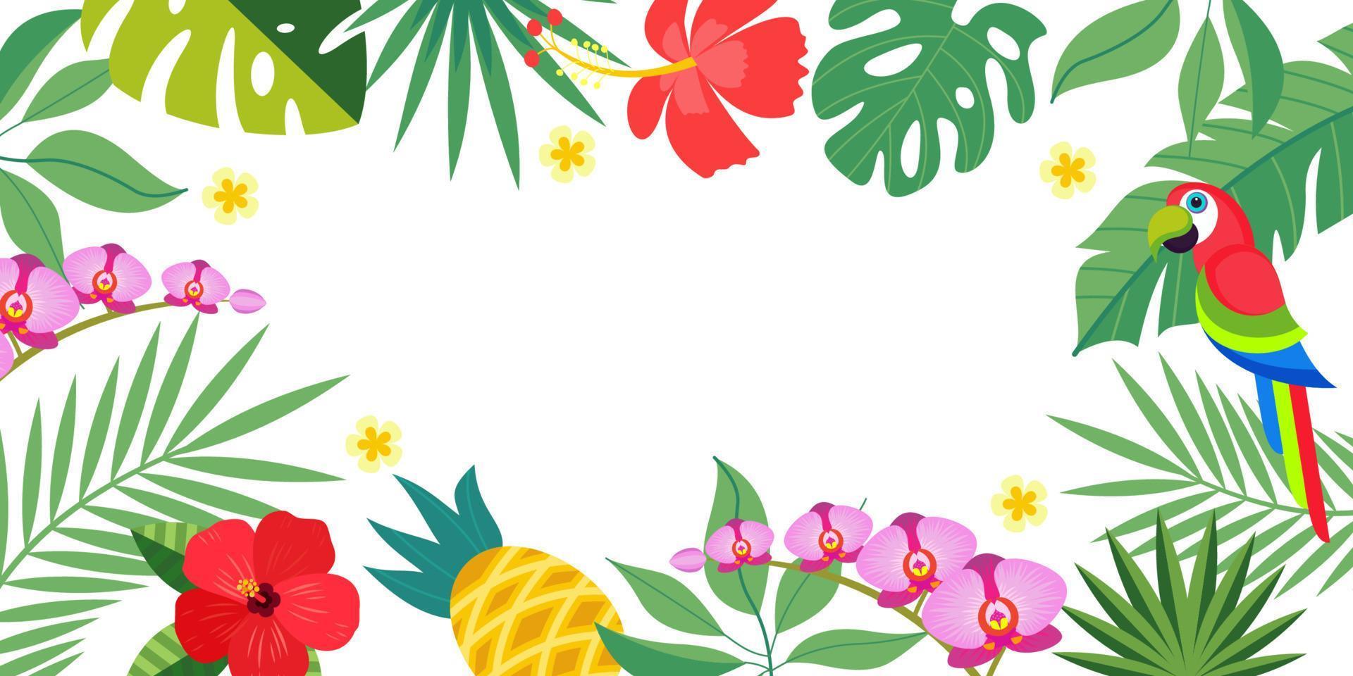 Bright tropical background with tropical palm leaves, parrot and flowers. Vector illustration with an empty space for text.