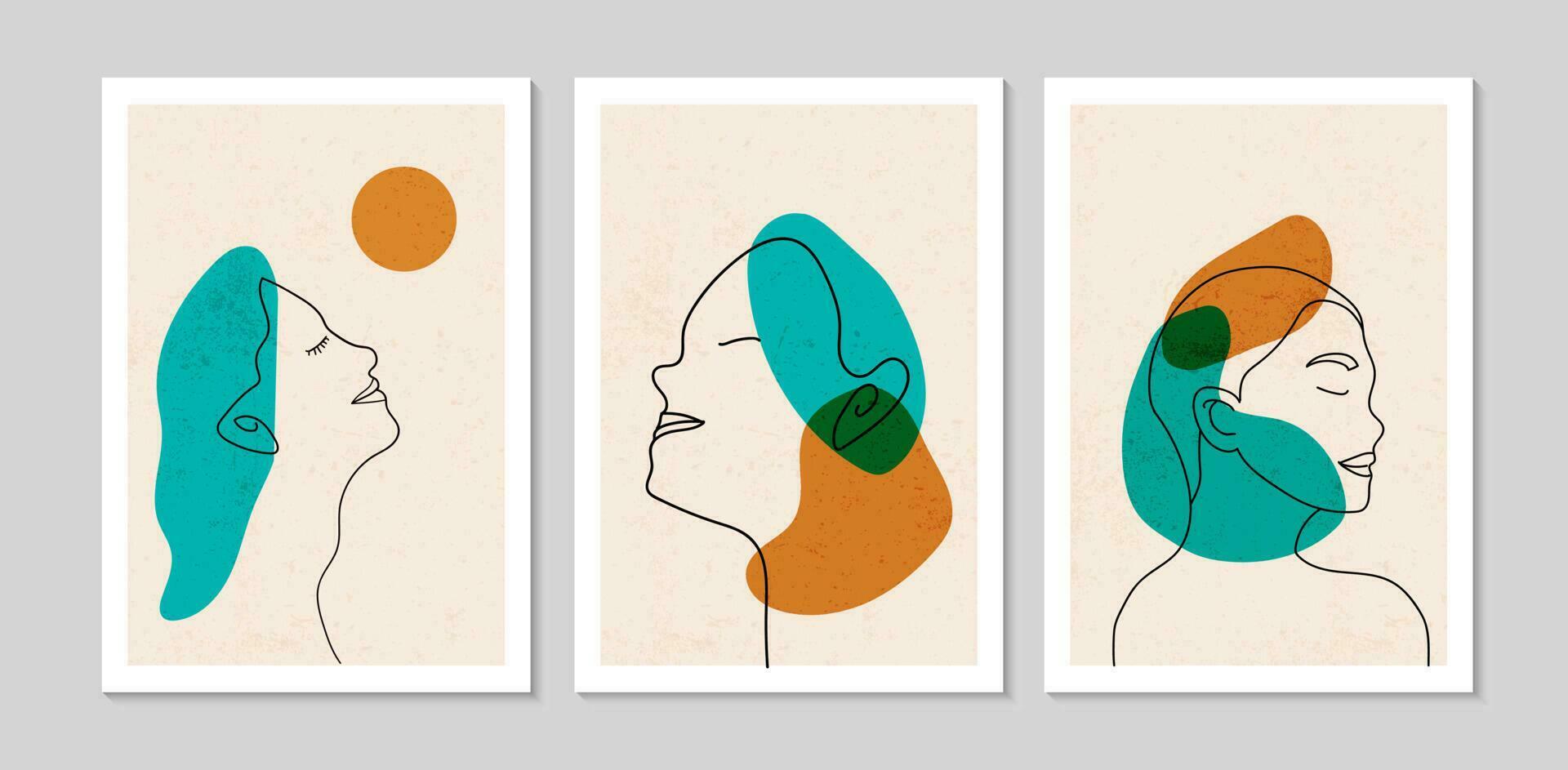 Set of line art face minimalist hand painted. minimalist 20s geometric design background for poster, wall decoration, postcard or brochure design. vector illustration