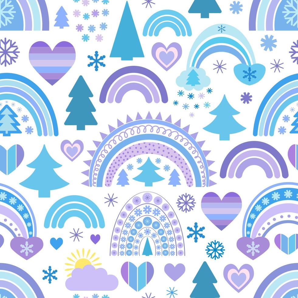 Rainbow vector christmas seamless pattern. Fabulous background for design on theme of winter, New Year, Christmas. Flat cute baby illustrations