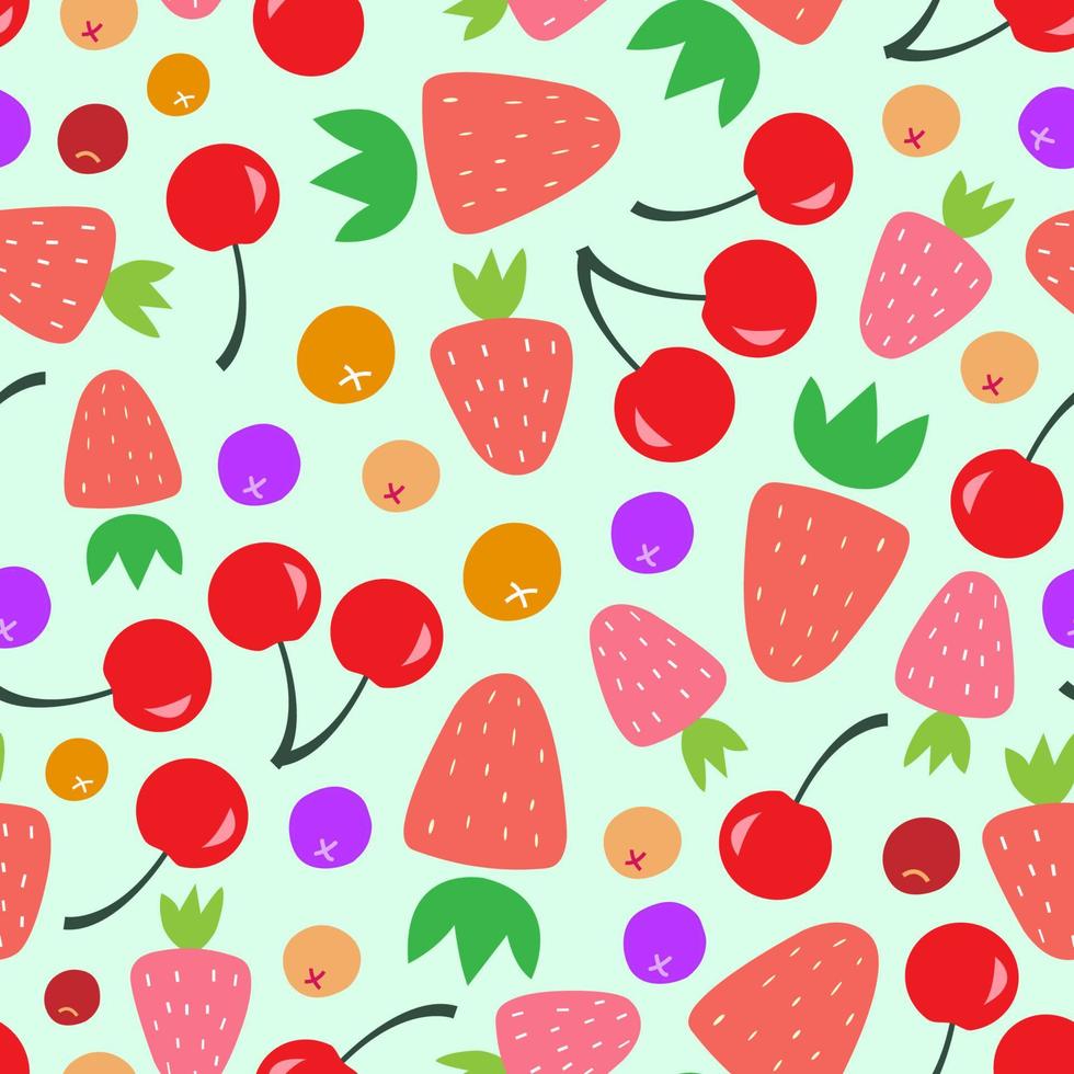 patrón sin costuras de bayas. fresas jugosas, cerezas, arándanos rojos, arándanos en estilo de cartón, plano, dibujo a mano vector