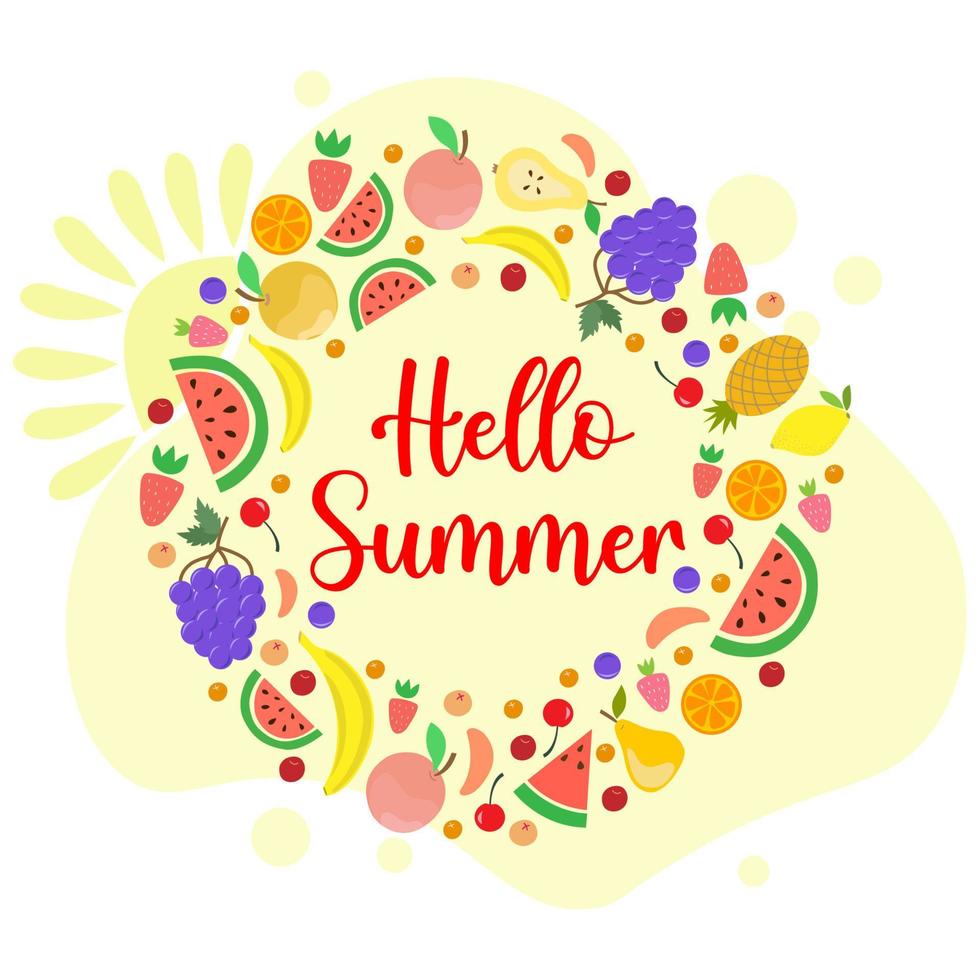 Round frame made of Hello Summer fruits vector
