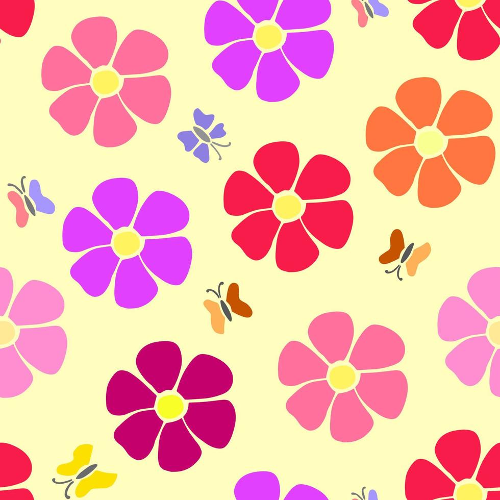 Bright summer seamless pattern of flowers and butterflies vector