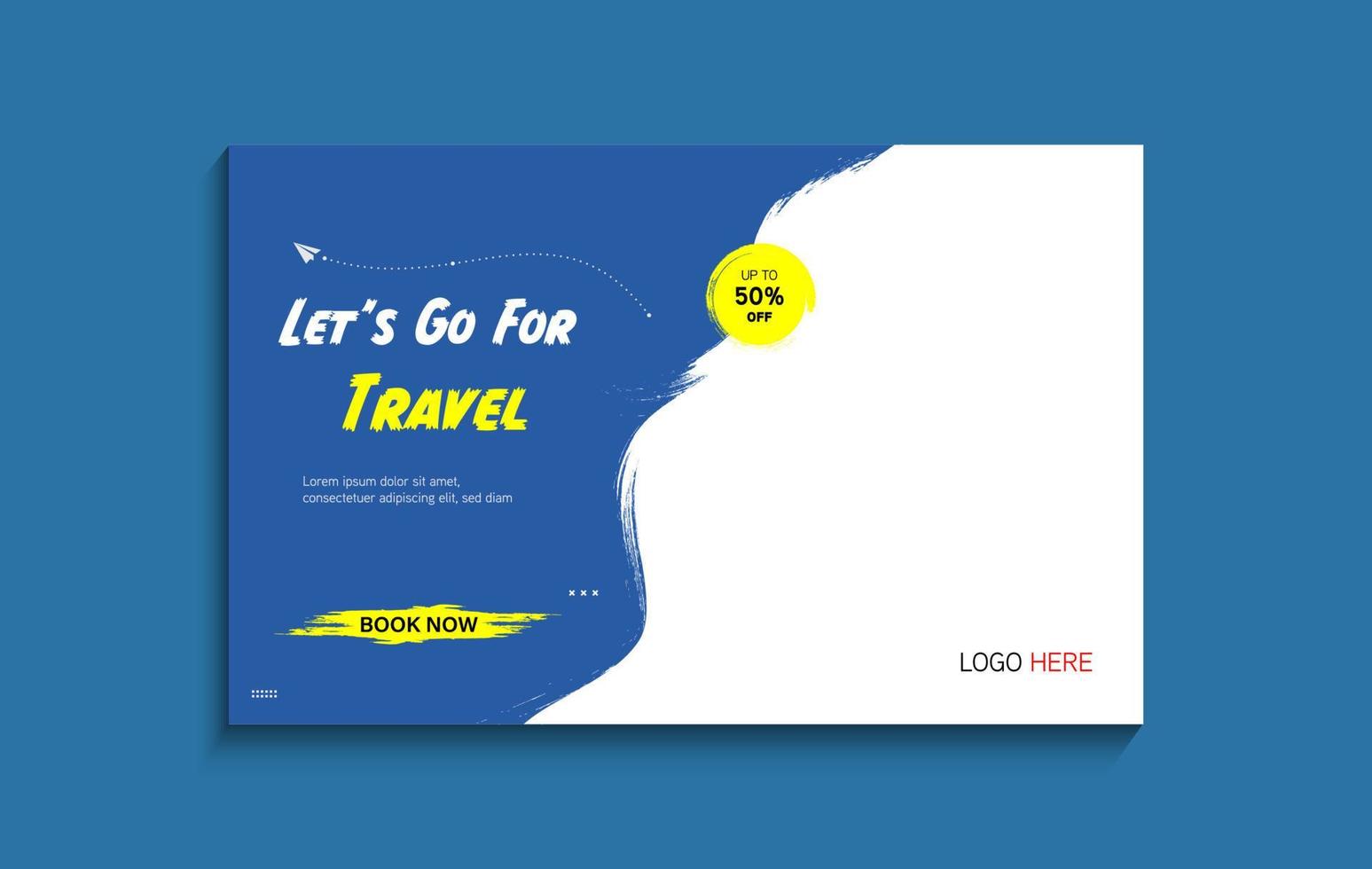 Travel company social media banner template in blue color. Travelling business offer promotion post design with logo. vector