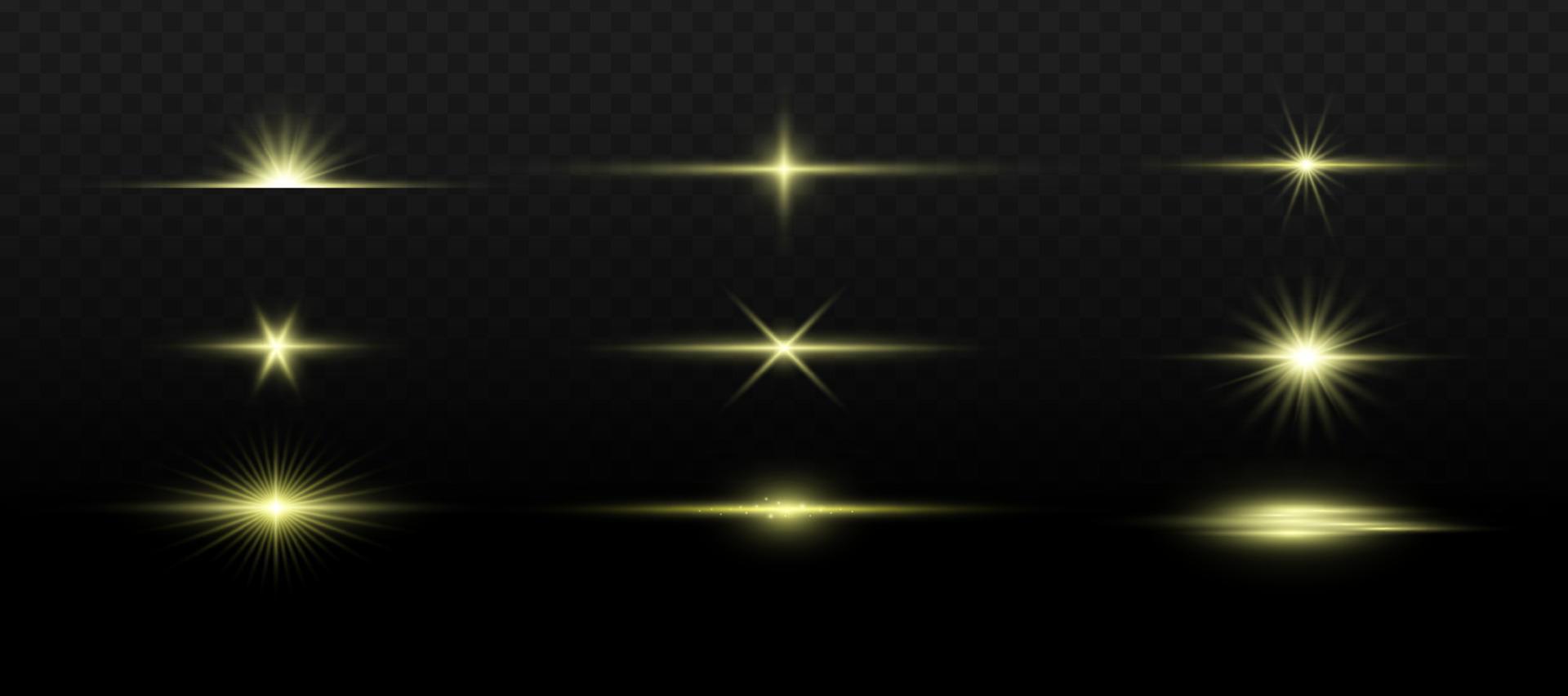 Set of flashes, lights and sparks. Abstract golden lights isolated on a transparent background. Bright gold flashes and glares. Bright rays of light. Glowing lines. Vector illustration. EPS 10