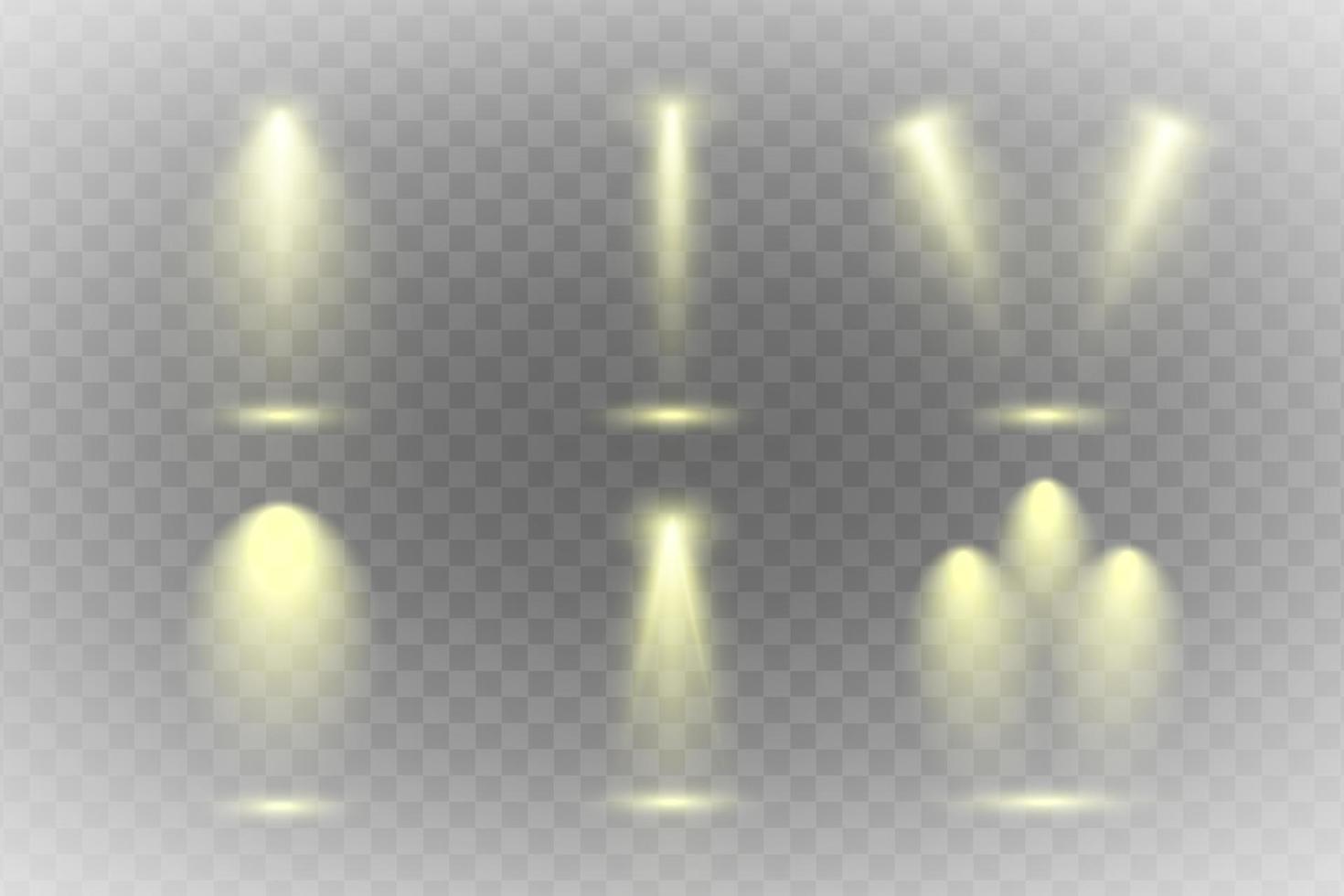 Set of Spotlight isolated on transparent background. Vector glowing light effect with gold rays and beams