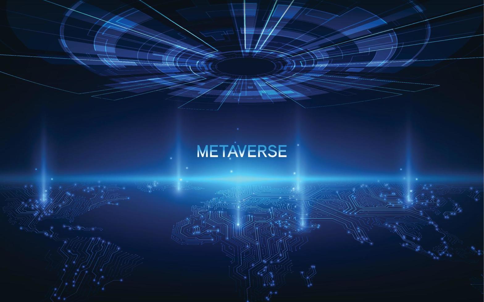 Metaverse, virtual reality, augmented reality and blockchain technology, user interface 3D experience. Word metaverse with world map globe in futuristic environment background. vector