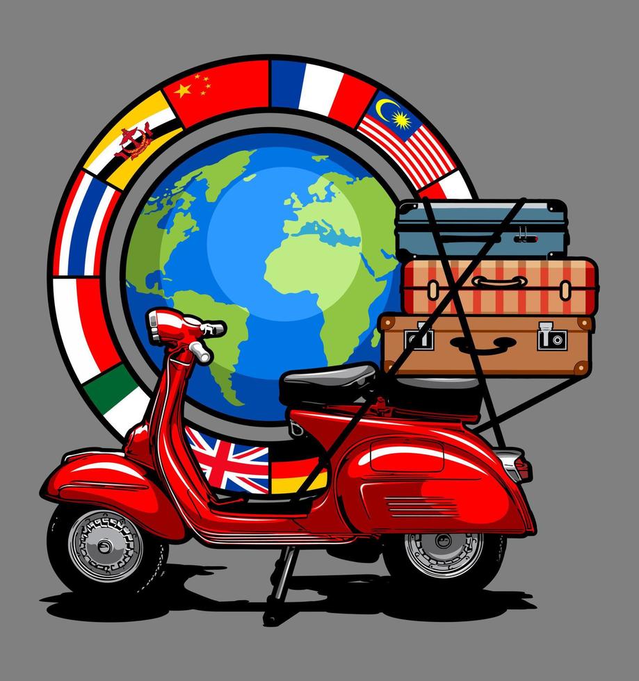 red scooter with travel bags ... vector