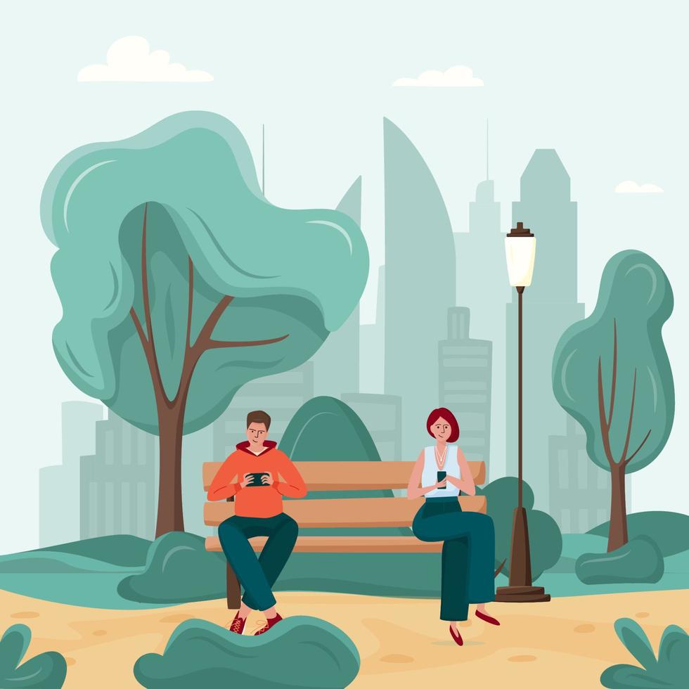 Gadget addiction, man and woman on the park bench dependent on smartphones. People glued to a screen, focusing on mobile device, social media and game obsession, virtual world vector