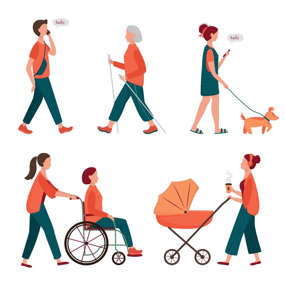 Walking people set. Flat characters walking with dog outdoor, mom with pram, elderly woman on Scandinavian sticks, wheelchair woman. Young and elderly moving stylish characters vector