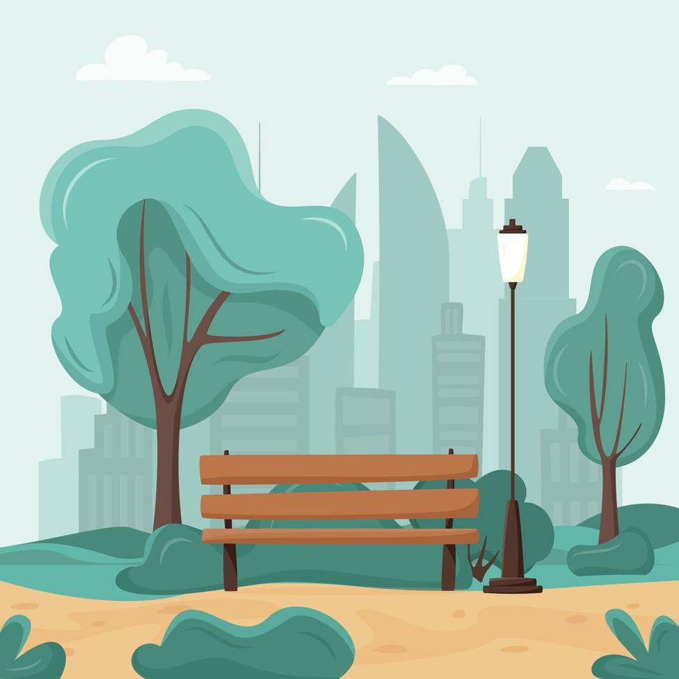 City park concept. Trees and bushes, park bench, walkway, lantern and city silhouette. Town and city park summer landscape. Urban outdoor. Vector illustration in flat style