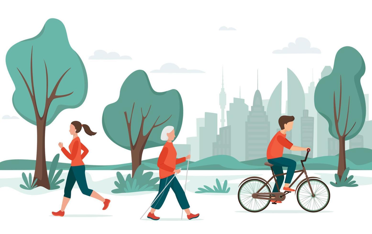 Outdoor activity. People in the city park. Jogging, riding bicycle, nordic walking. Urban recreation concept, sport vector illustration