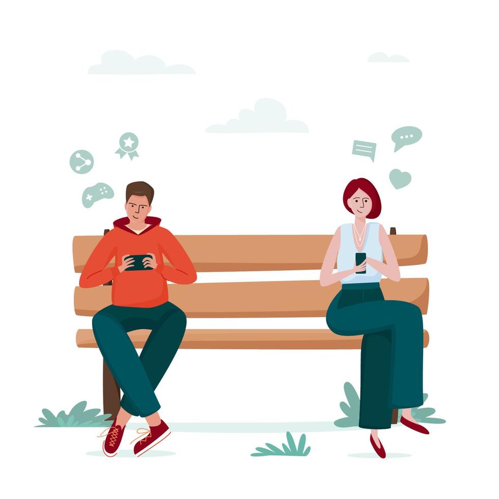 Gadget addiction, man and woman on the park bench dependent on smartphones. People glued to a screen, focusing on mobile device, social media and game obsession, virtual world vector