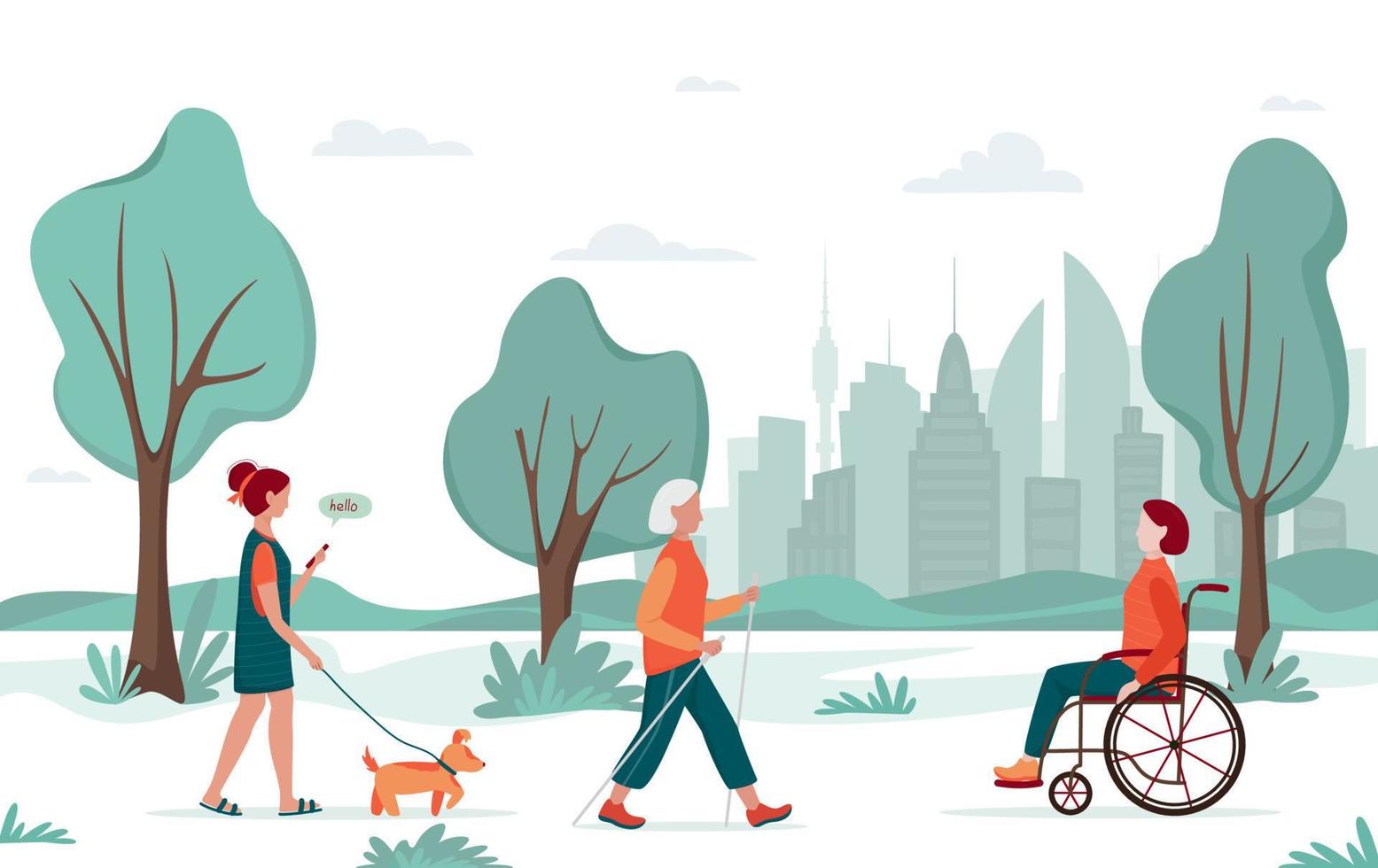 Outdoor activity. People walking in the city park. Girl with a dog, elderly woman with nordic walking sticks, woman in wheelchair. Urban recreation concept, diversity concept vector