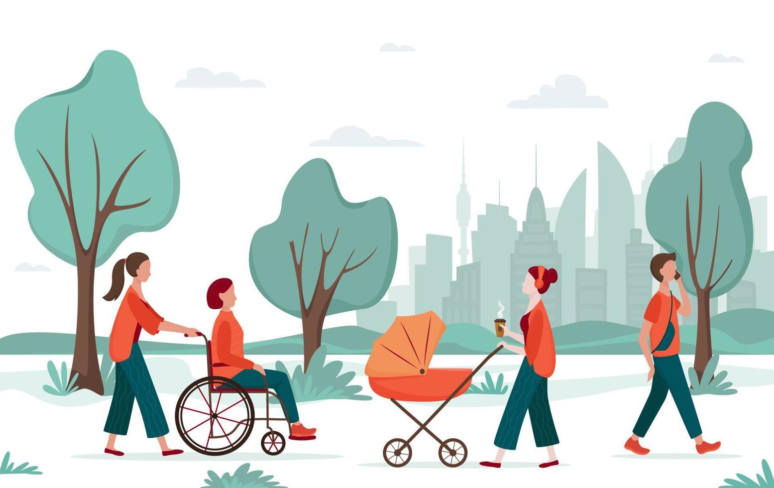 Outdoor activity. People walking in the city park. Mom with a baby carriage, woman in wheelchair with an accompanying person, young man. Urban recreation concept, diversity concept vector