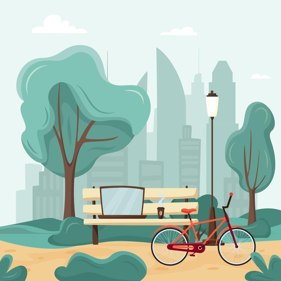 Bench with laptop, coffee and bike in the city park. Freelancer or student workplace. Urban city street style, online education or remote working concept vector