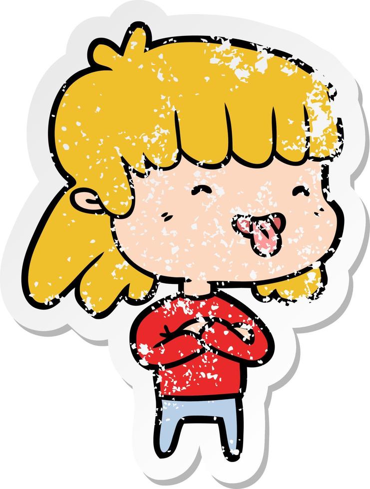 distressed sticker of a cartoon girl sticking out tongue vector