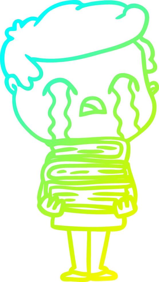 cold gradient line drawing cartoon man crying over stack of books vector