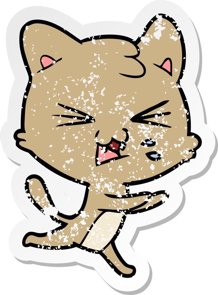 distressed sticker of a cartoon hissing cat vector