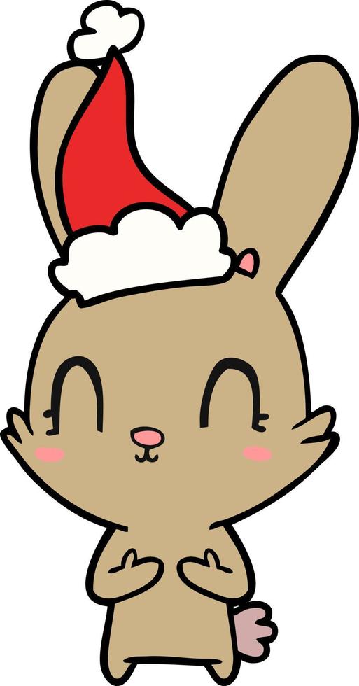 cute line drawing of a rabbit wearing santa hat vector